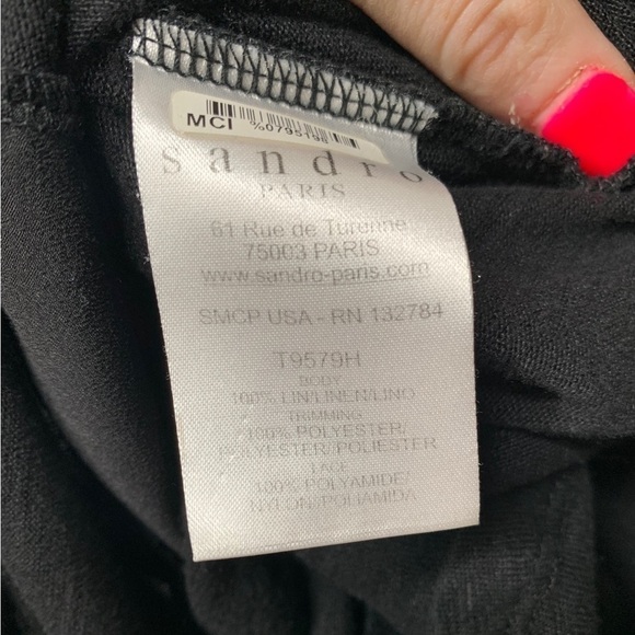 Sandro Paris Black Line Split V Neck 3/4 Sleeve Blouse Lace Applique Size 1 - Picture 8 of 13